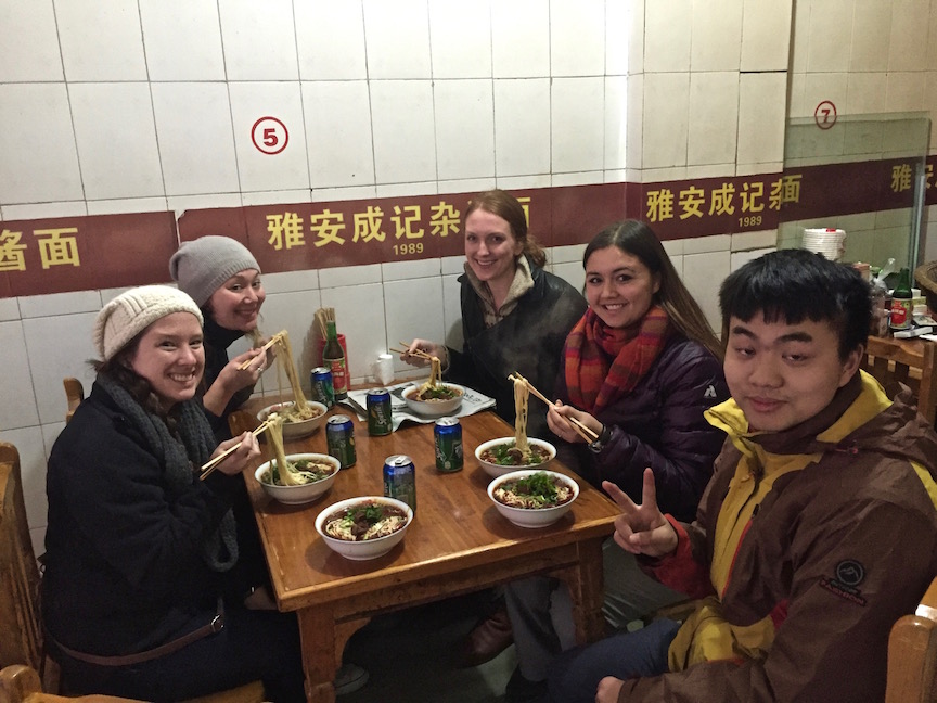 The obligatory first dinner of Mr. Cheng's noodles as an initiation to Ya'an and their PDXWildlife internship. 