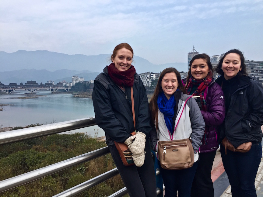 Then touring around Ya'an - it was a beautiful day and we could actually see mountains and the old bridge.